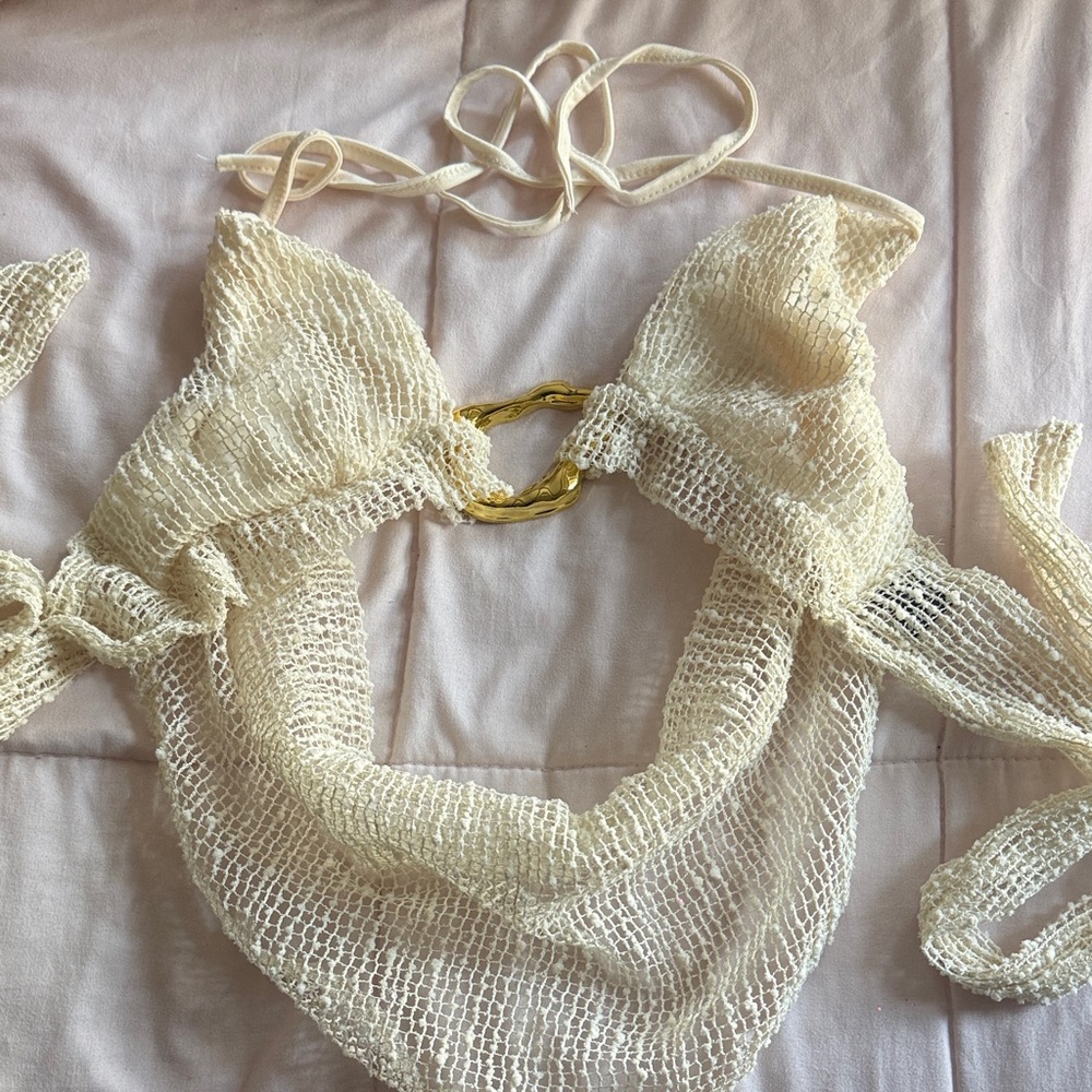 SHEIN Cream Crochet Halter with Gold Accent